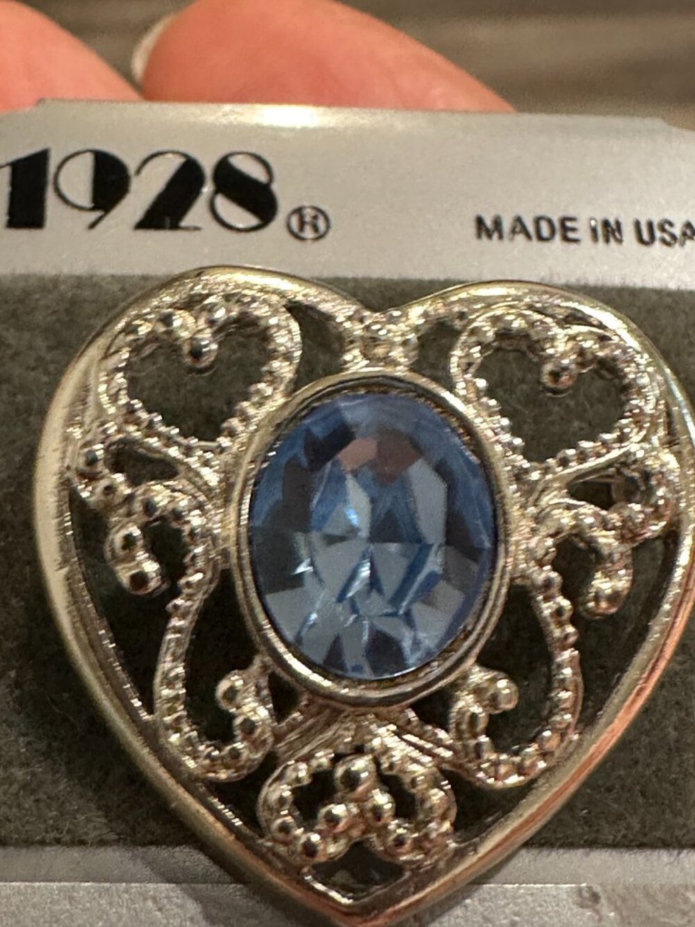 Vintage 1928 Heart Pin Brooch Blue Zircon Rhinestone NWT Silver Color